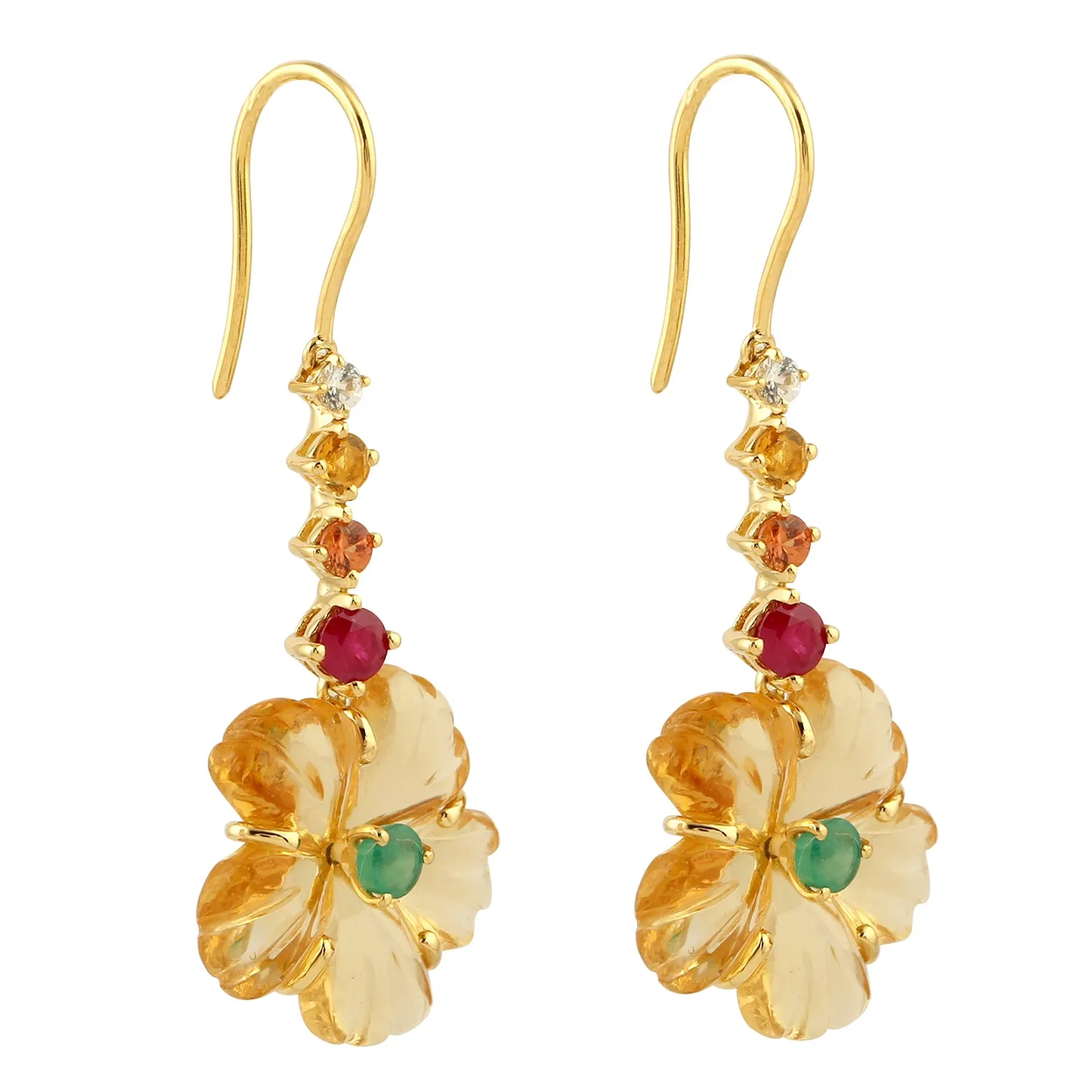 Carved Citrine Ruby Emerald Ear Hook In 18k Yellow Gold For Her