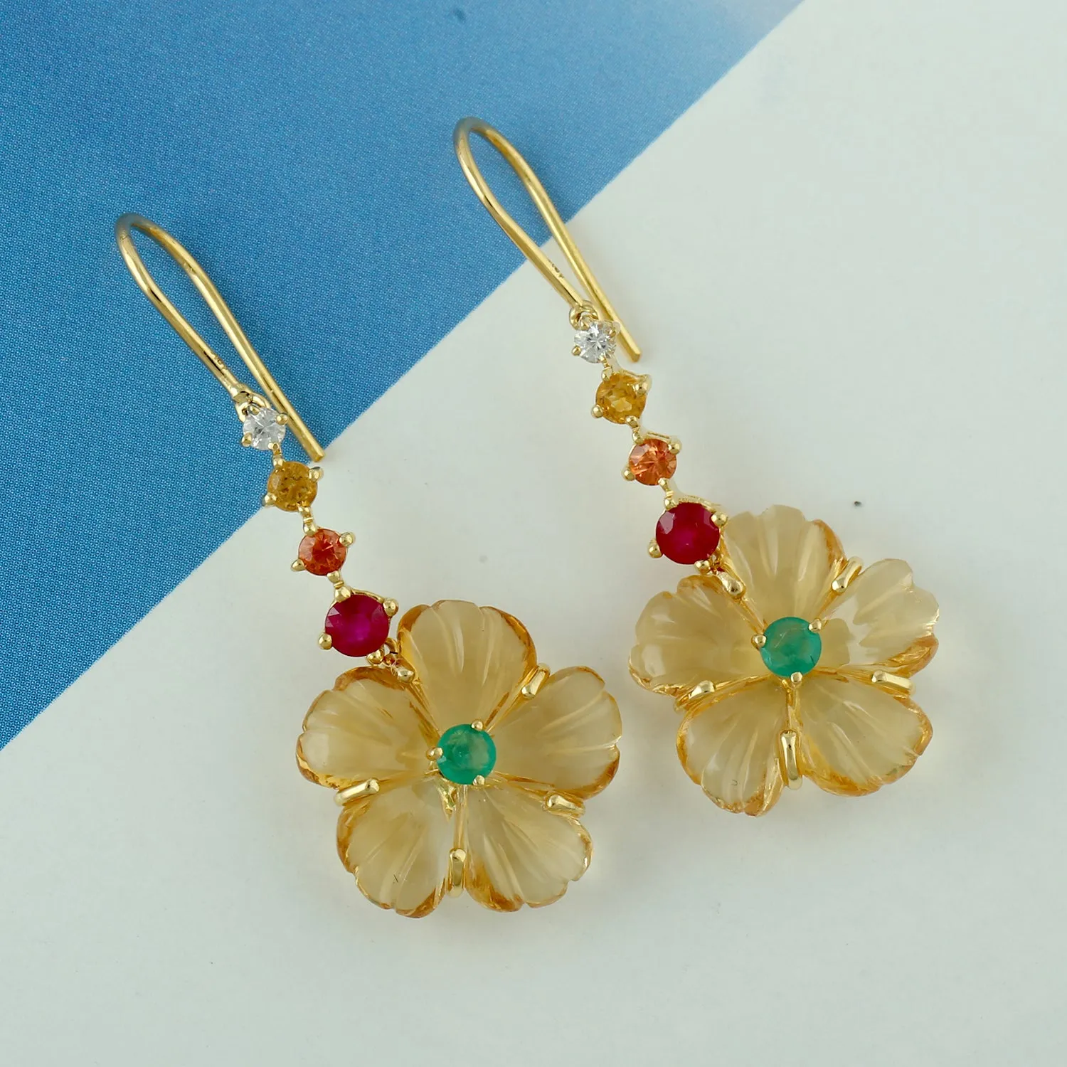 Carved Citrine Ruby Emerald Ear Hook In 18k Yellow Gold For Her
