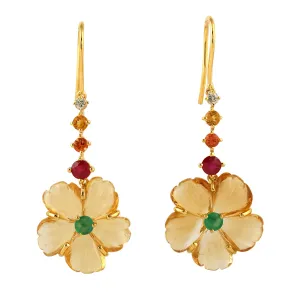 Carved Citrine Ruby Emerald Ear Hook In 18k Yellow Gold For Her