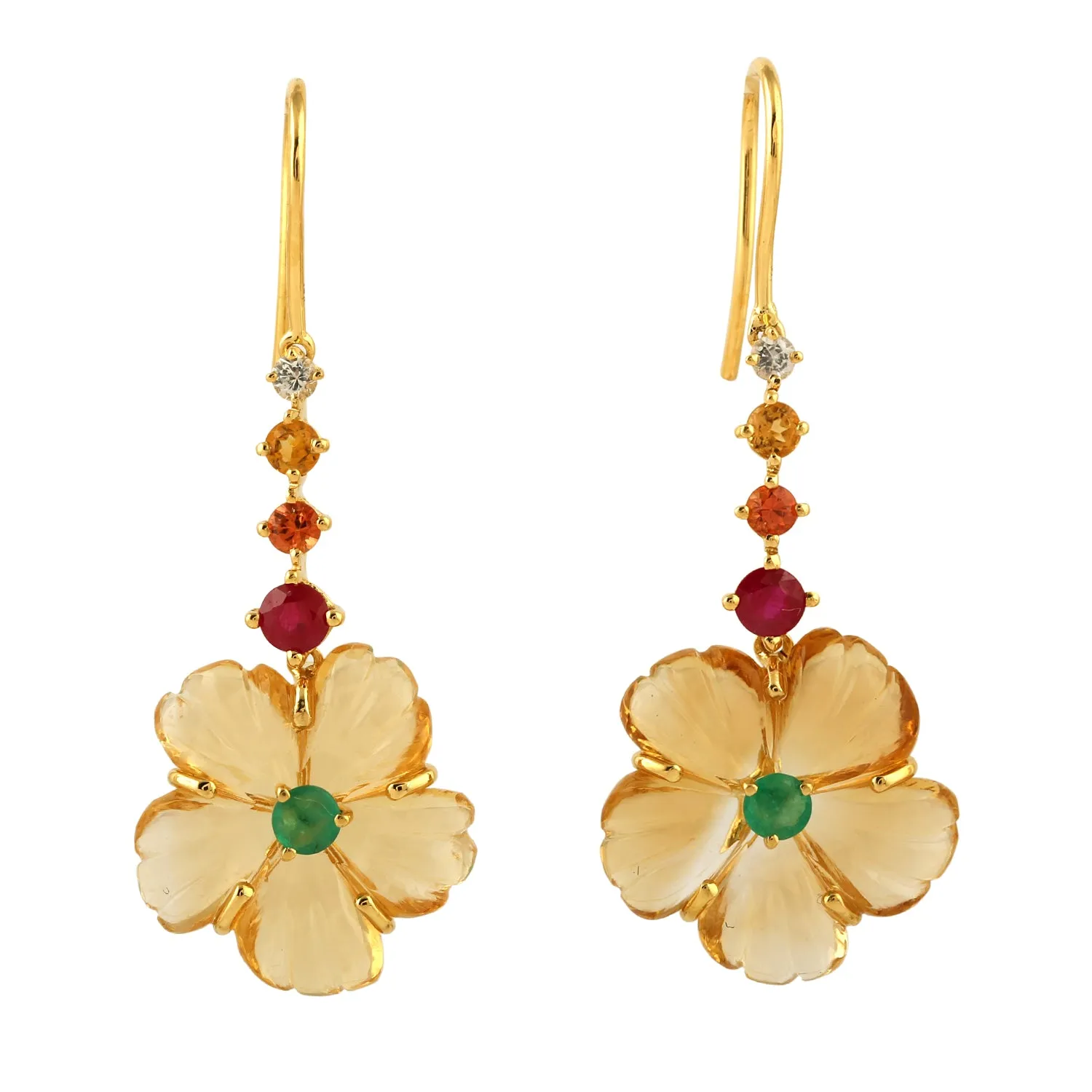 Carved Citrine Ruby Emerald Ear Hook In 18k Yellow Gold For Her