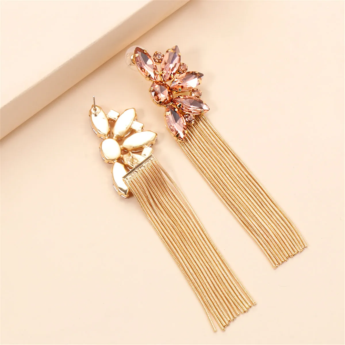 Champagne Crystal & Cubic Zirconia Floral Tassel Drop Earrings