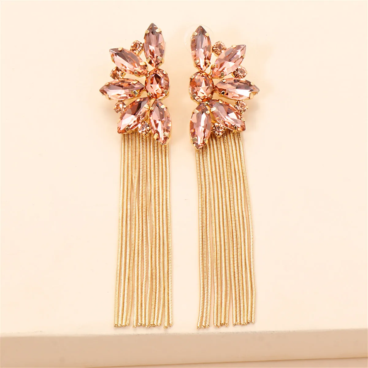 Champagne Crystal & Cubic Zirconia Floral Tassel Drop Earrings