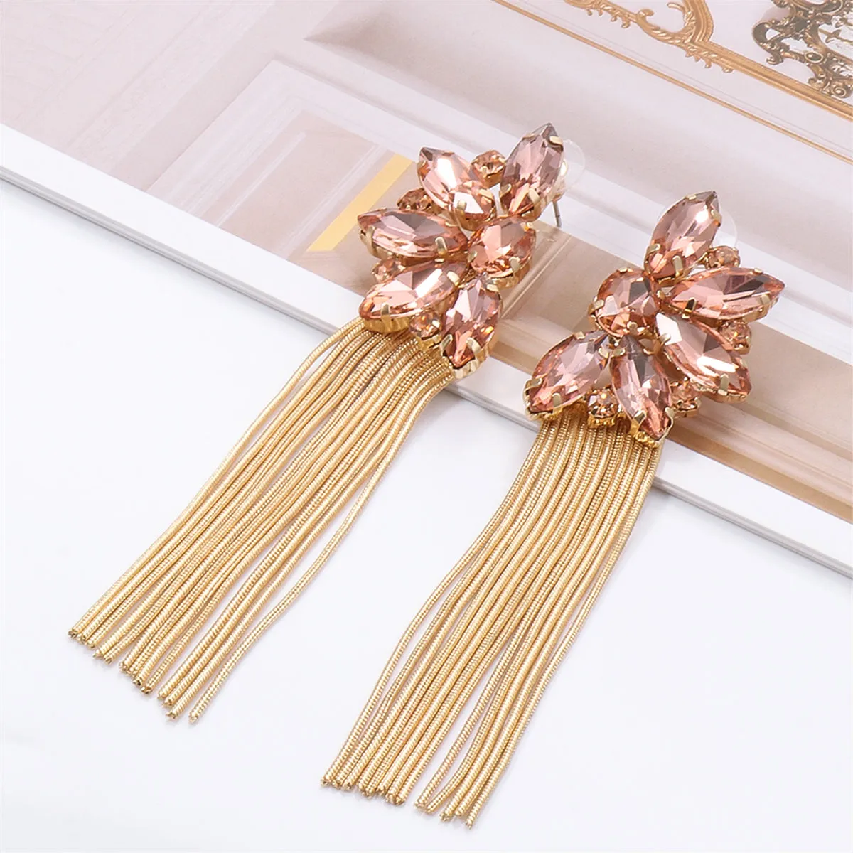 Champagne Crystal & Cubic Zirconia Floral Tassel Drop Earrings