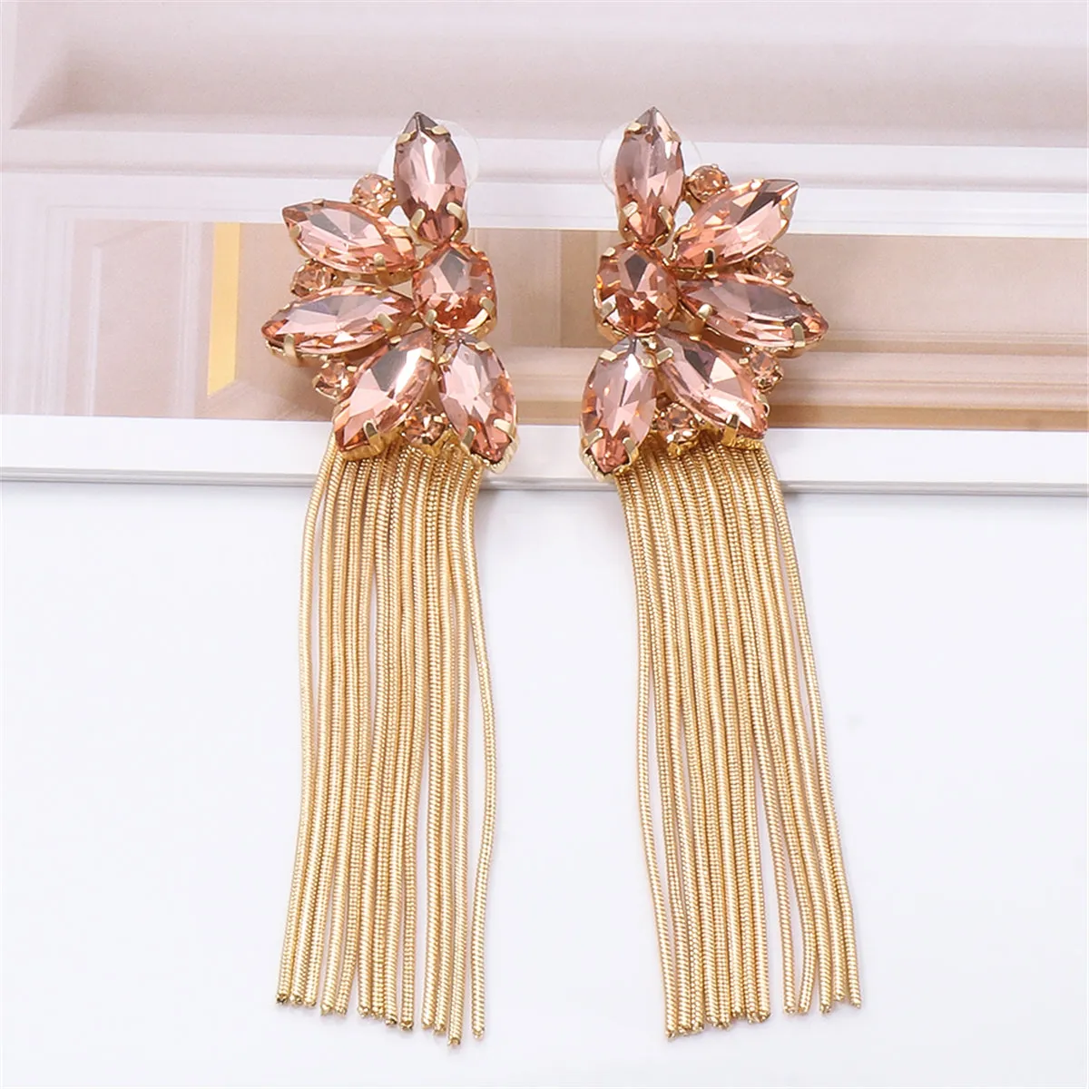 Champagne Crystal & Cubic Zirconia Floral Tassel Drop Earrings