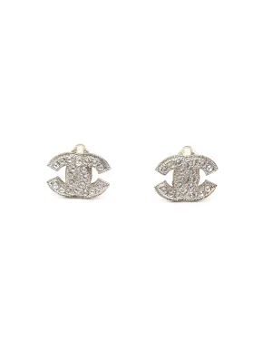 Chanel CC Interlocking Silver Tone Crystal Logo Earrings