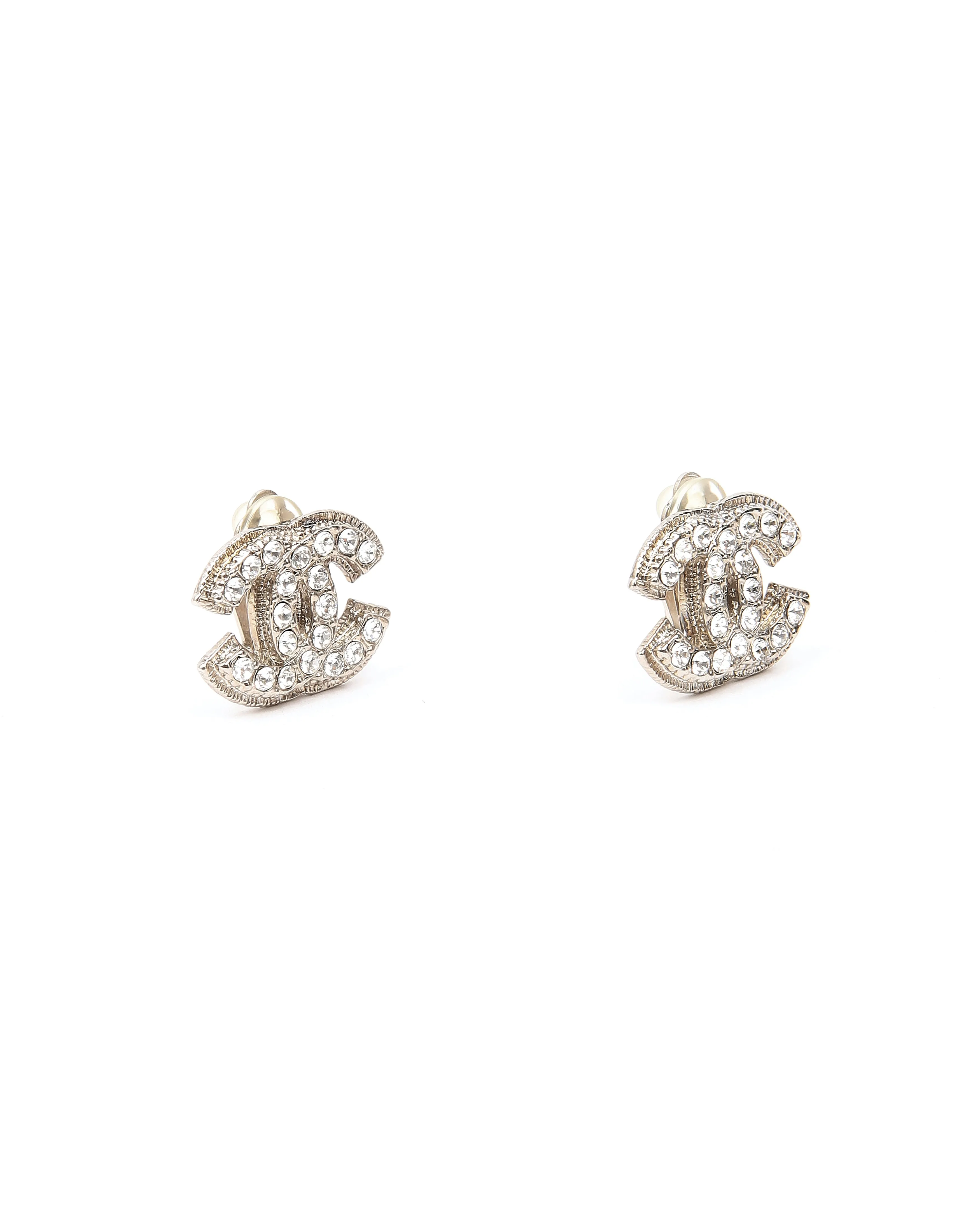 Chanel CC Interlocking Silver Tone Crystal Logo Earrings