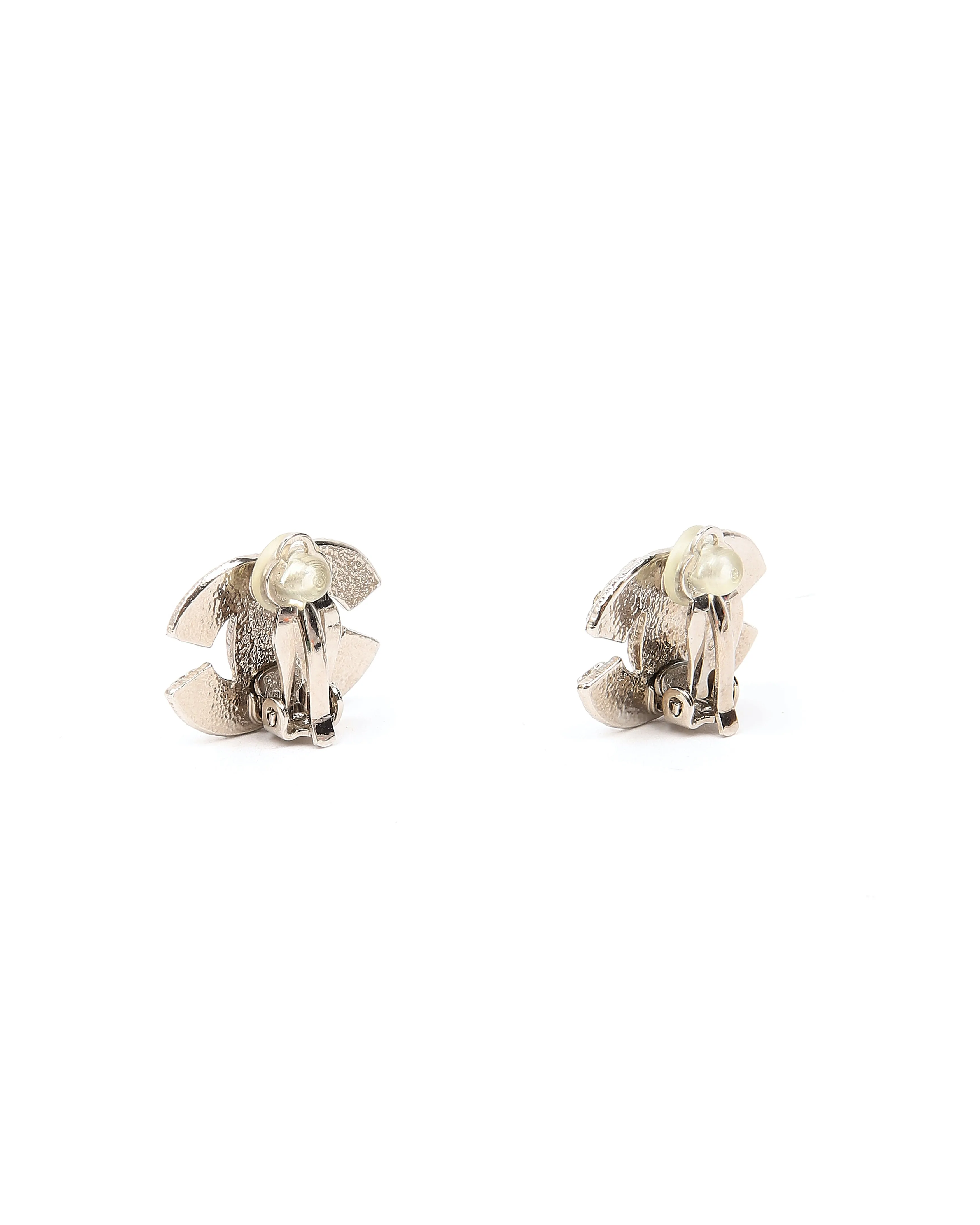 Chanel CC Interlocking Silver Tone Crystal Logo Earrings