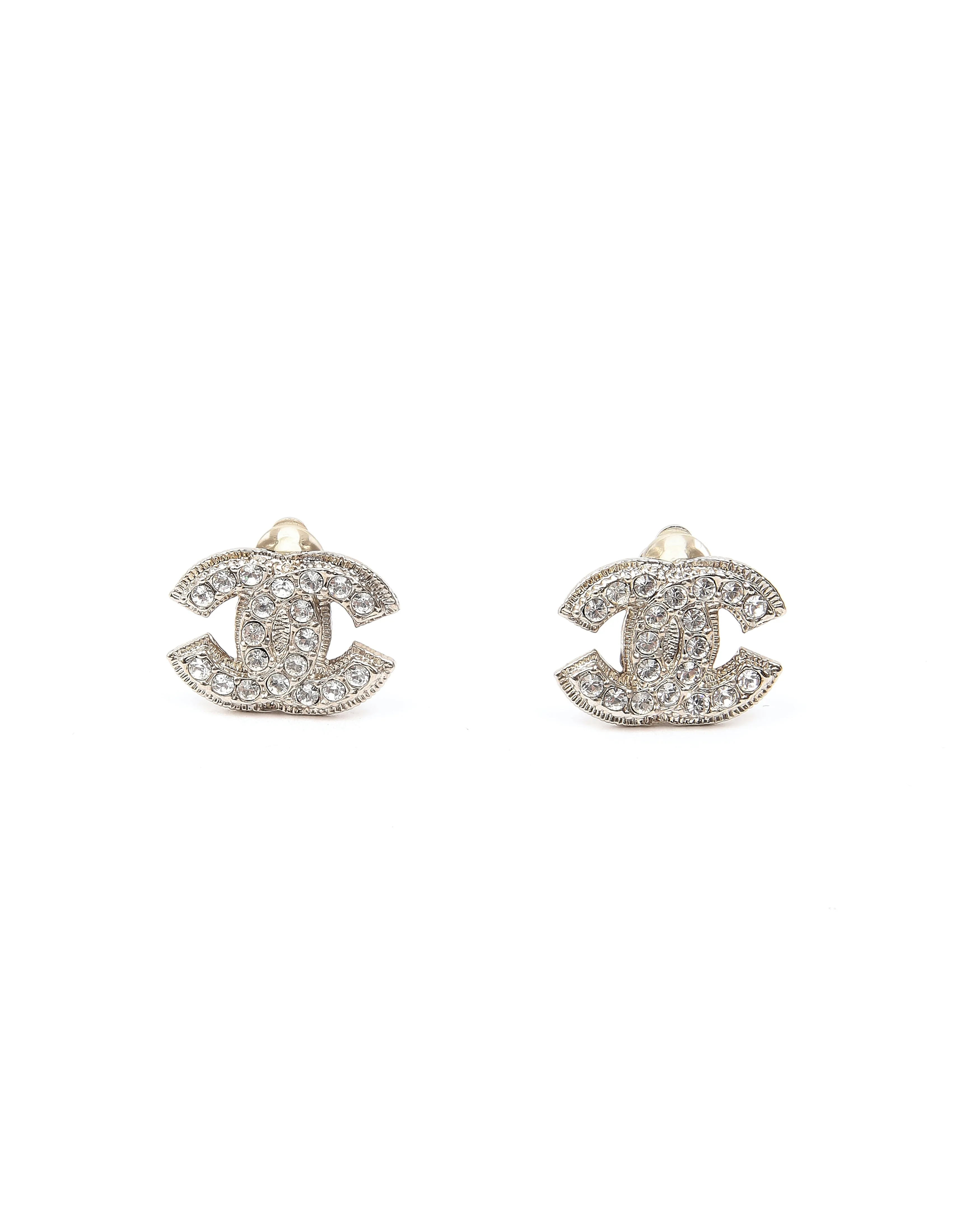 Chanel CC Interlocking Silver Tone Crystal Logo Earrings