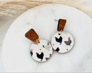Chicken Hen Leather/Wood Circle Earrings