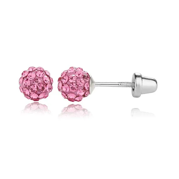 Children's, Teens' and Mothers' Earrings:  Hypoallergenic Steel Pink Crystal Balls with Screw Backs