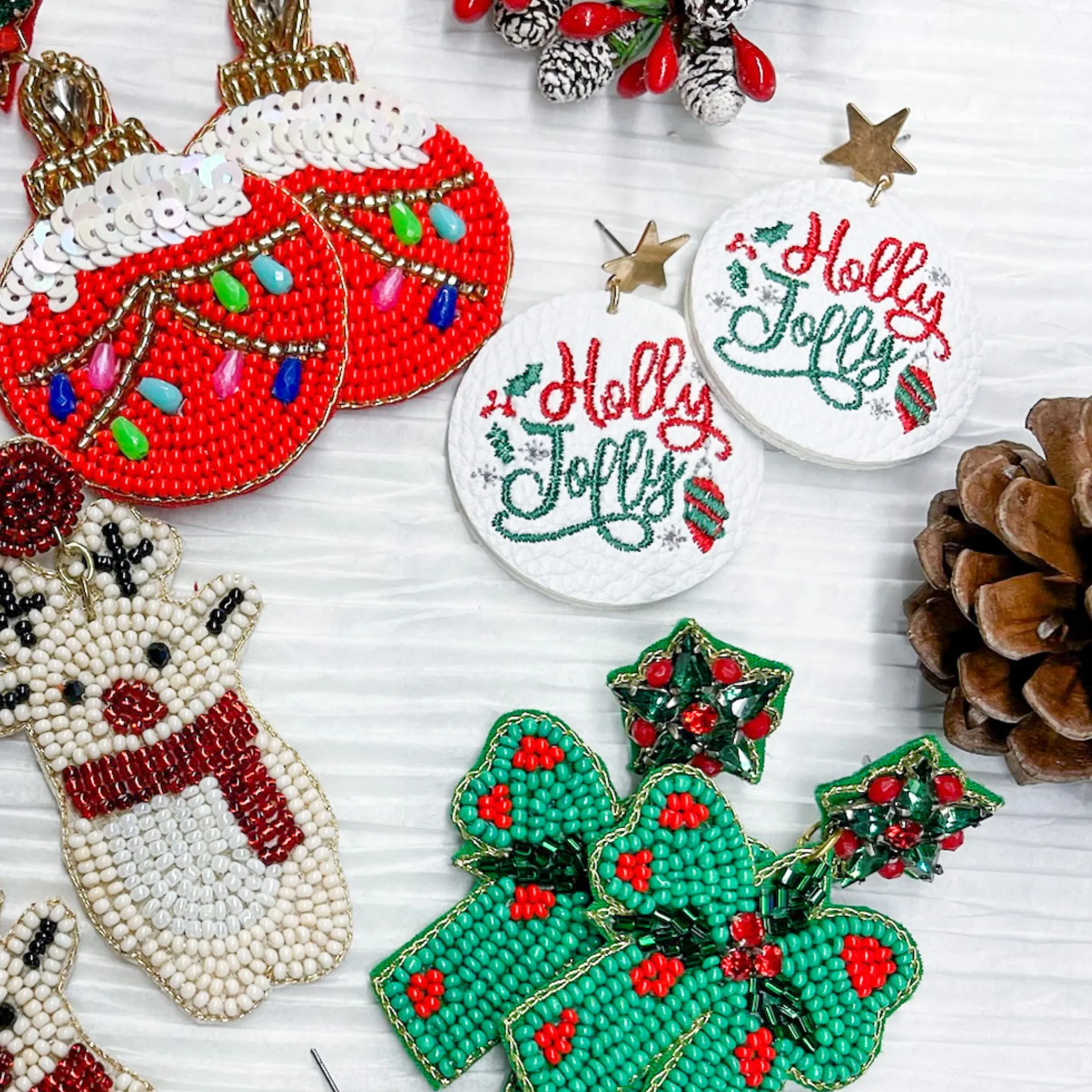 Christmas Earrings | Holly Jolly Faux Leather Embroidered