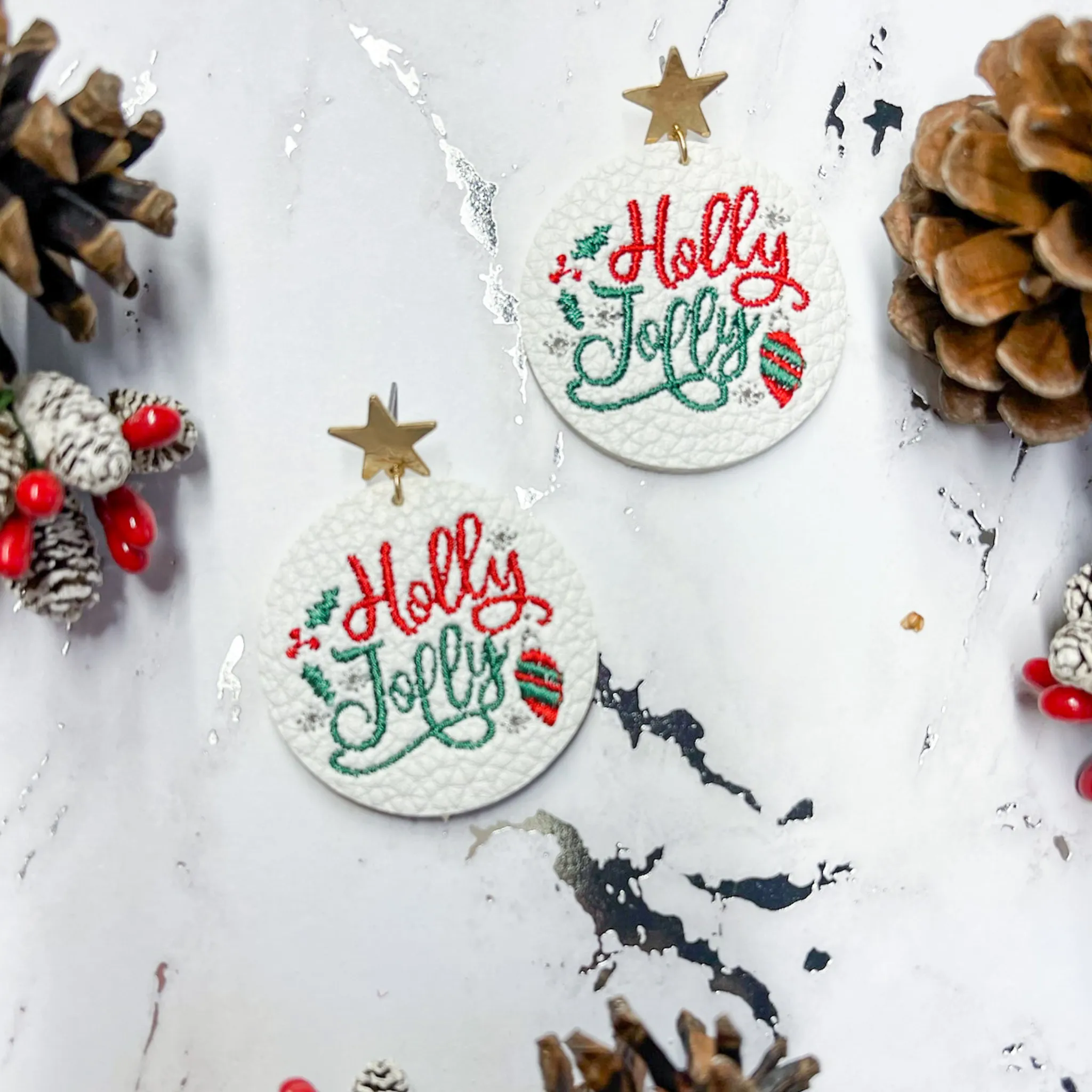 Christmas Earrings | Holly Jolly Faux Leather Embroidered