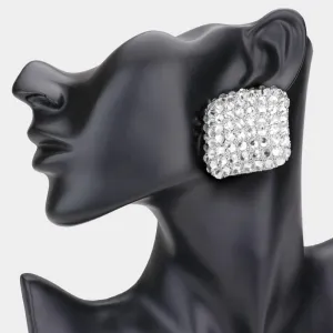 Clear Crystal Stoned Embellished Square Pageant Earrings on Silver| Prom Earrings | 562191