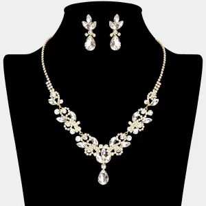 Clear Crystal Stones Surrounded by Rhinestones Earrings and Necklace Set on Gold | Prom Jewelry |  646178