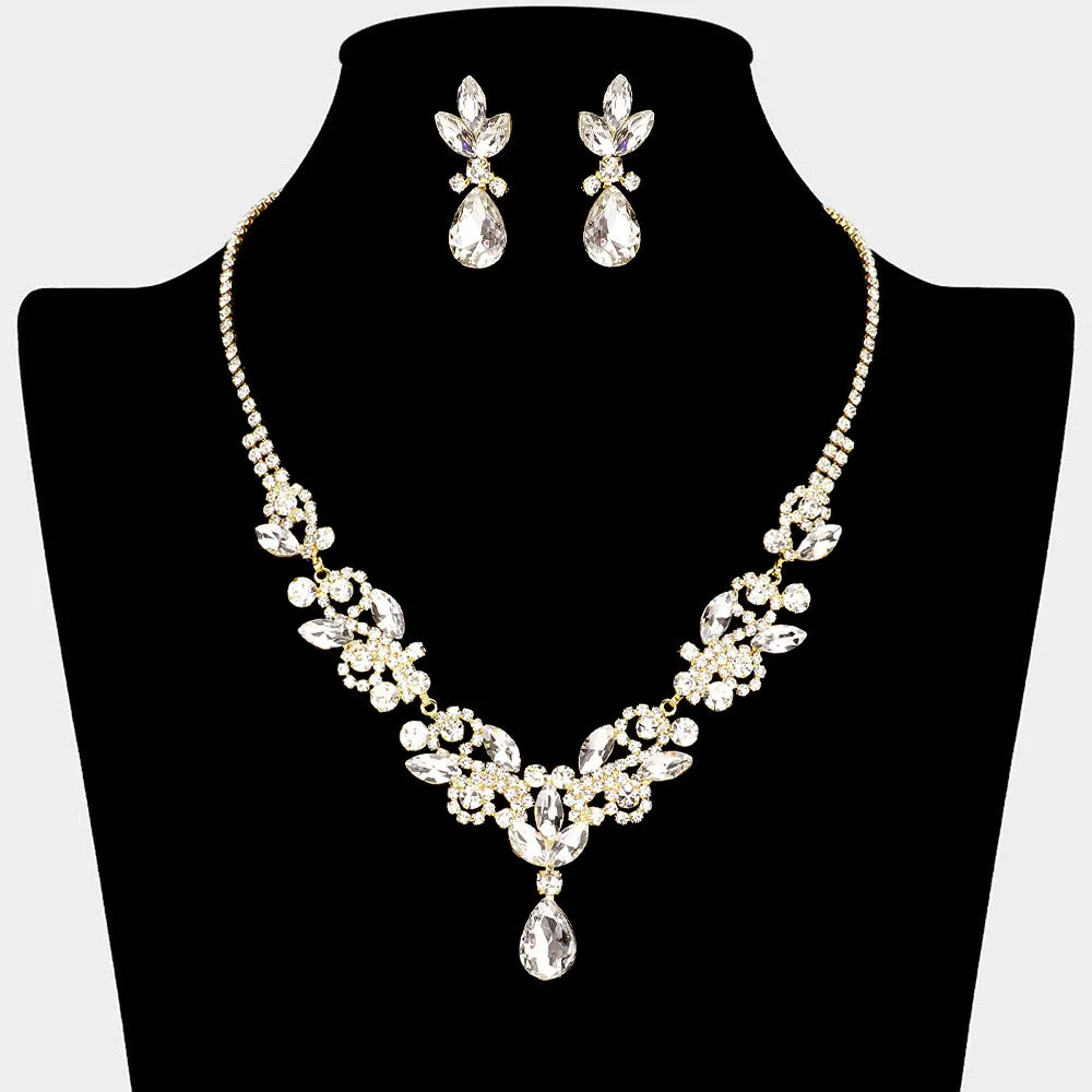 Clear Crystal Stones Surrounded by Rhinestones Earrings and Necklace Set on Gold | Prom Jewelry |  646178