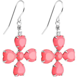 Clear Gem Pink Neon Four Leaf Flower Dangle Earrings