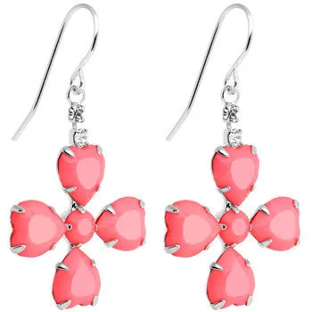 Clear Gem Pink Neon Four Leaf Flower Dangle Earrings
