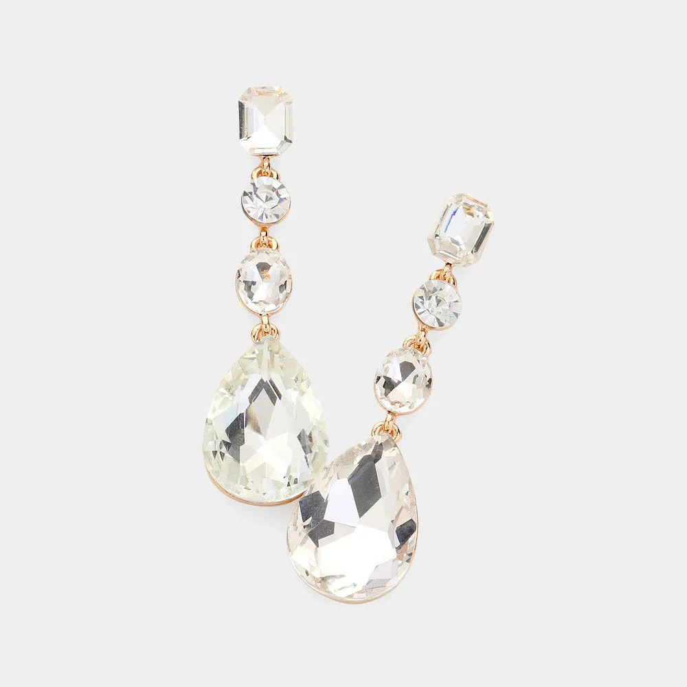 Clear Multi Stone Drop Pageant Earrings on Gold | Prom Earrings | 620411