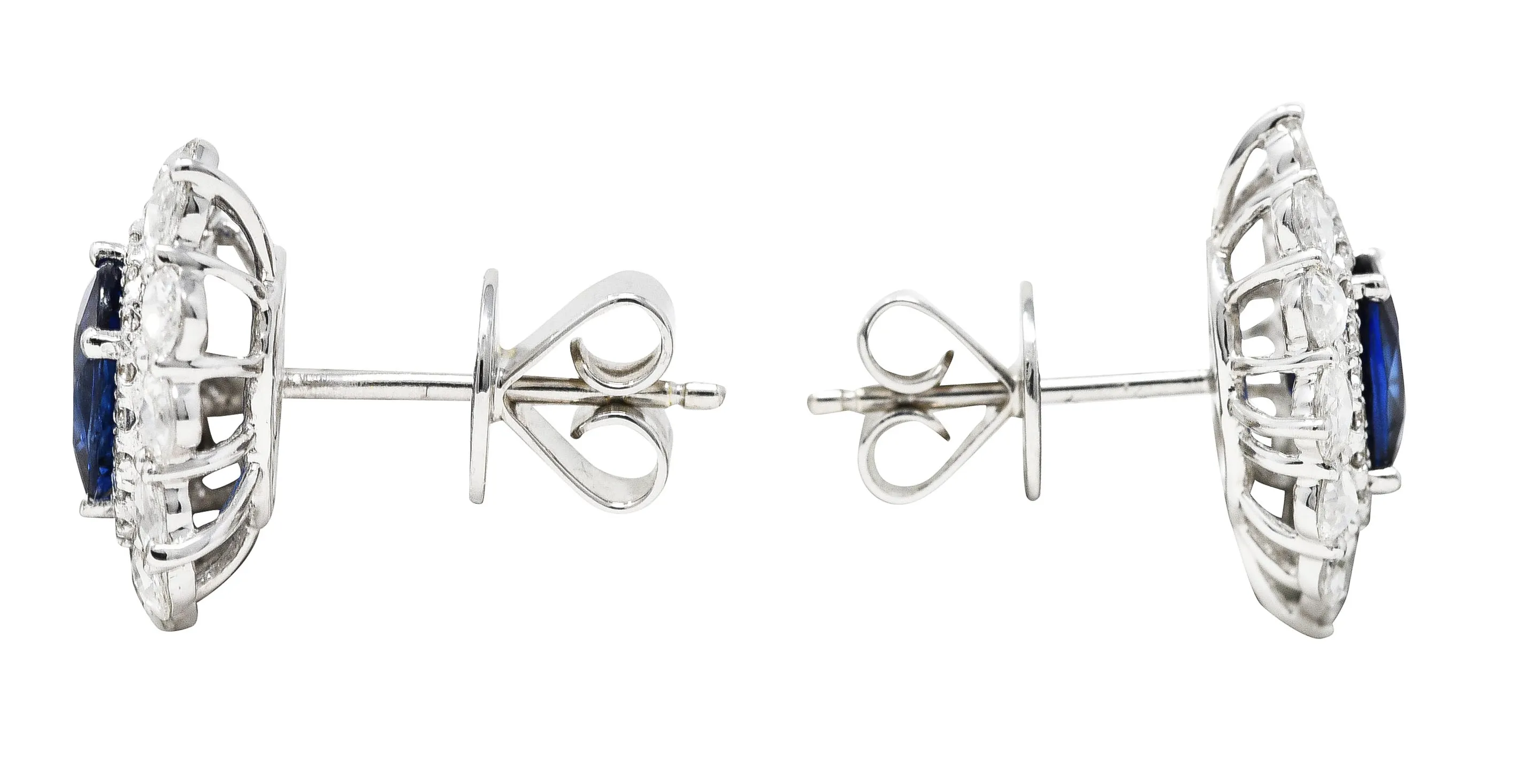 Contemporary 3.00 CTW Oval Cut Sapphire Rose Cut Diamond 18 Karat White Gold Cluster Halo Stud Earrings