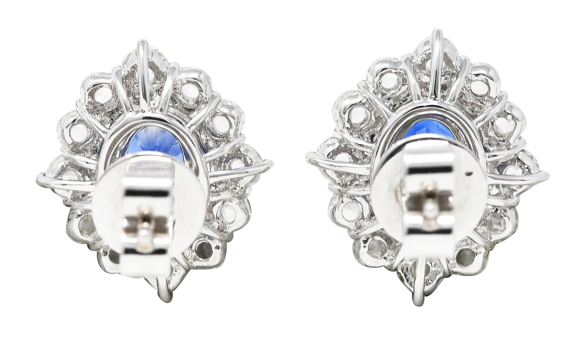 Contemporary 3.00 CTW Oval Cut Sapphire Rose Cut Diamond 18 Karat White Gold Cluster Halo Stud Earrings