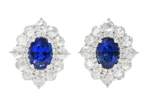 Contemporary 3.00 CTW Oval Cut Sapphire Rose Cut Diamond 18 Karat White Gold Cluster Halo Stud Earrings