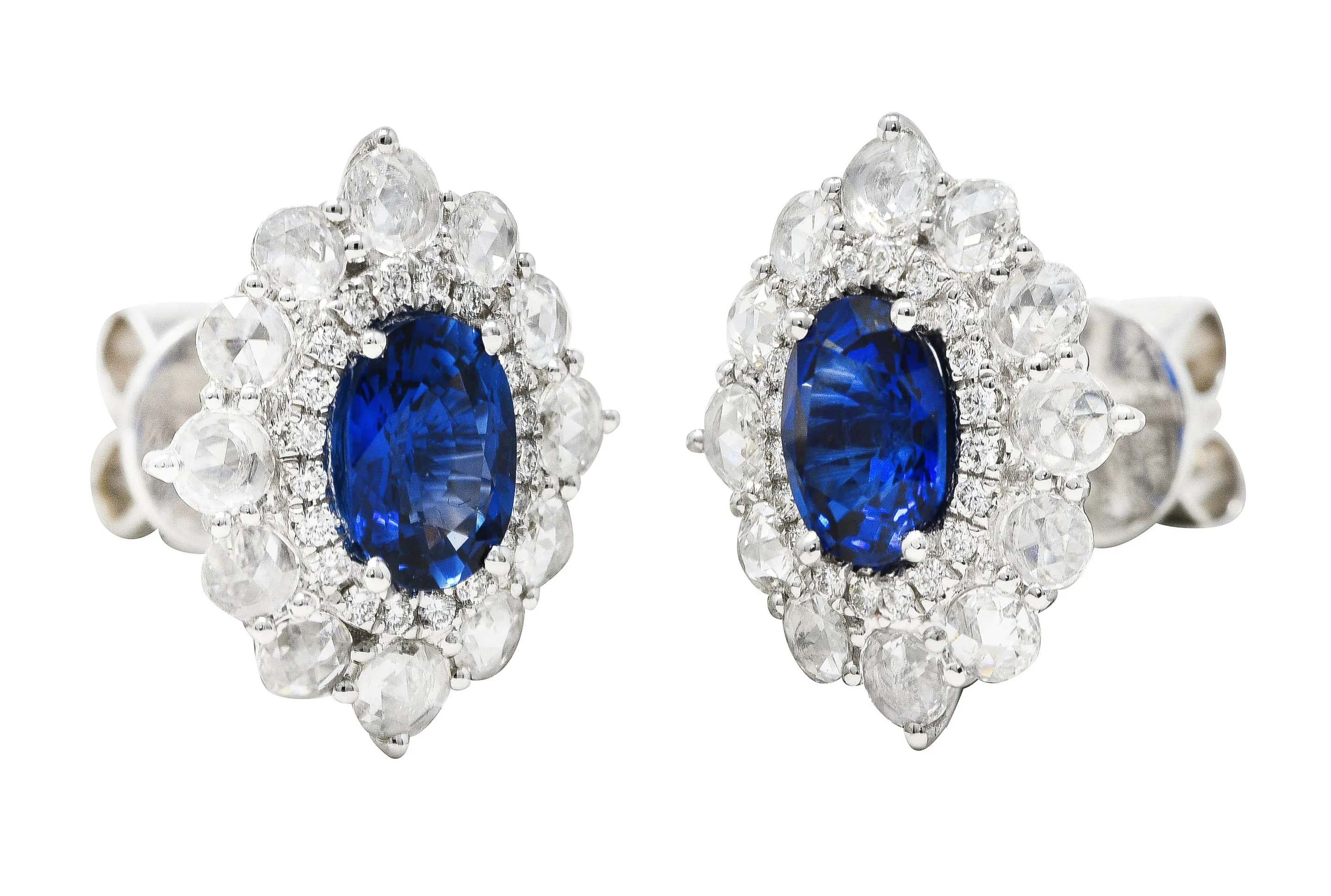 Contemporary 3.00 CTW Oval Cut Sapphire Rose Cut Diamond 18 Karat White Gold Cluster Halo Stud Earrings