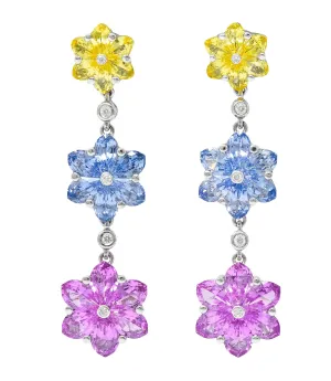 Contemporary 6.15 CTW Colored Sapphire Diamond 18 Karat White Gold Flower Drop Earrings