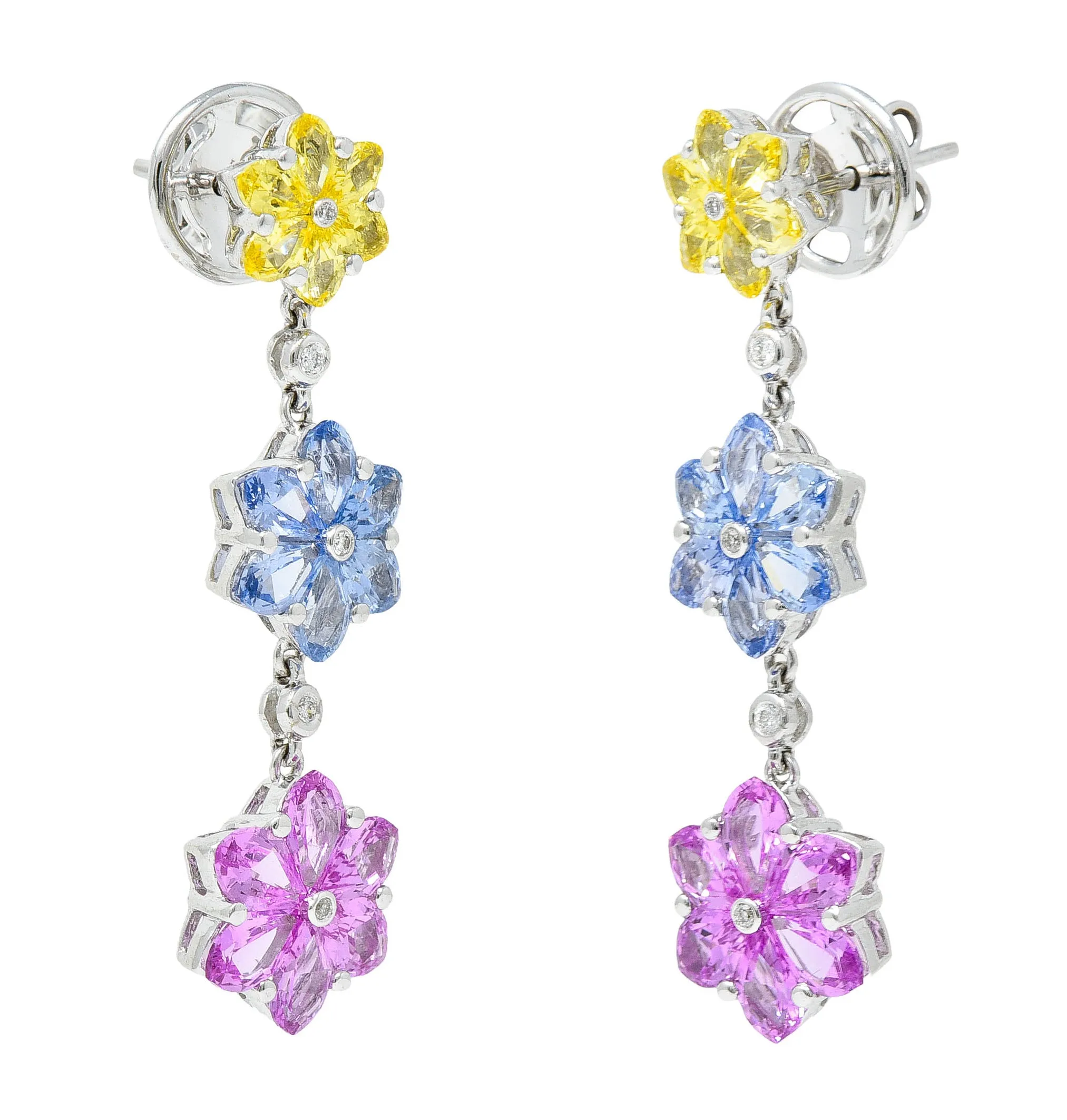 Contemporary 6.15 CTW Colored Sapphire Diamond 18 Karat White Gold Flower Drop Earrings