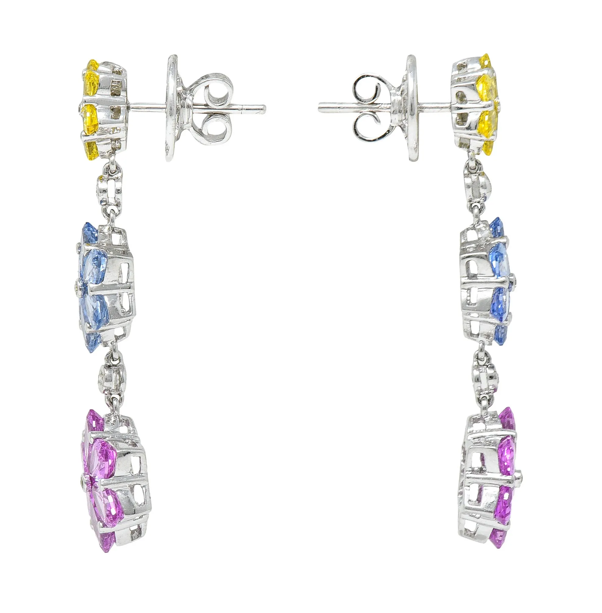 Contemporary 6.15 CTW Colored Sapphire Diamond 18 Karat White Gold Flower Drop Earrings