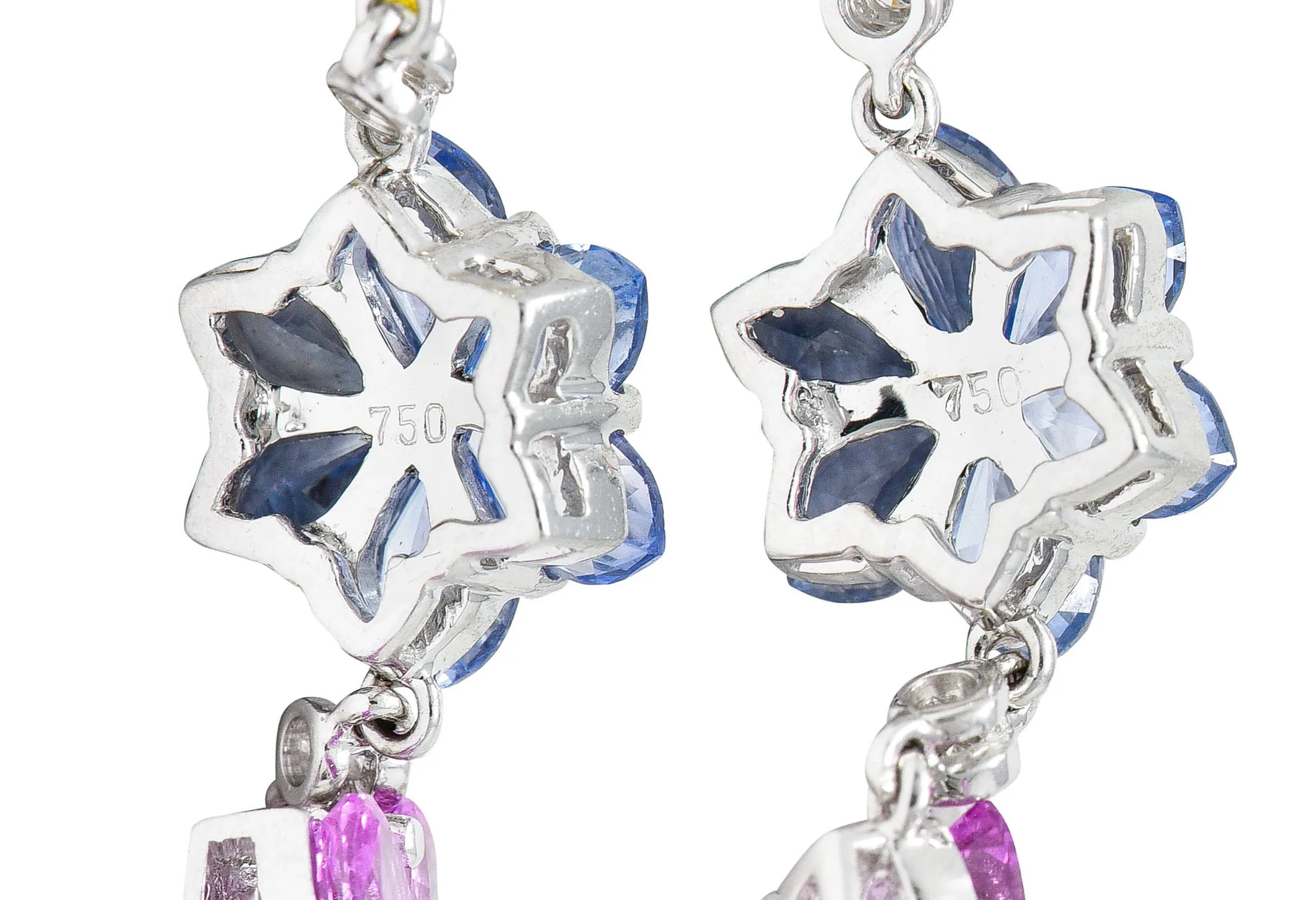 Contemporary 6.15 CTW Colored Sapphire Diamond 18 Karat White Gold Flower Drop Earrings