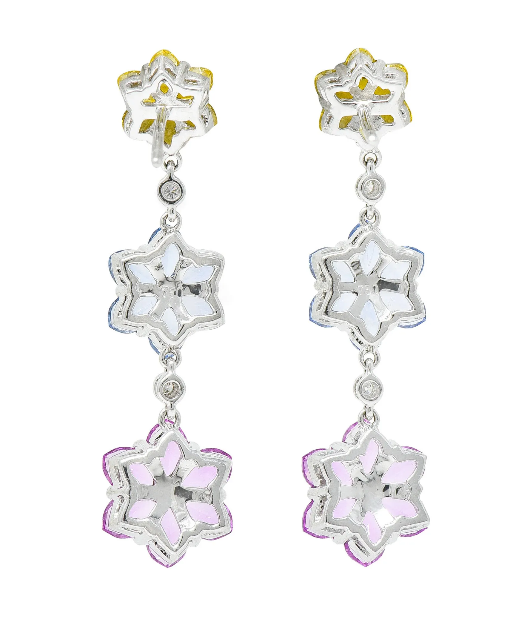 Contemporary 6.15 CTW Colored Sapphire Diamond 18 Karat White Gold Flower Drop Earrings