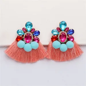Coral & Aqua Crystal Pom-Pom Tassel Pear-Cut Drop Earringss