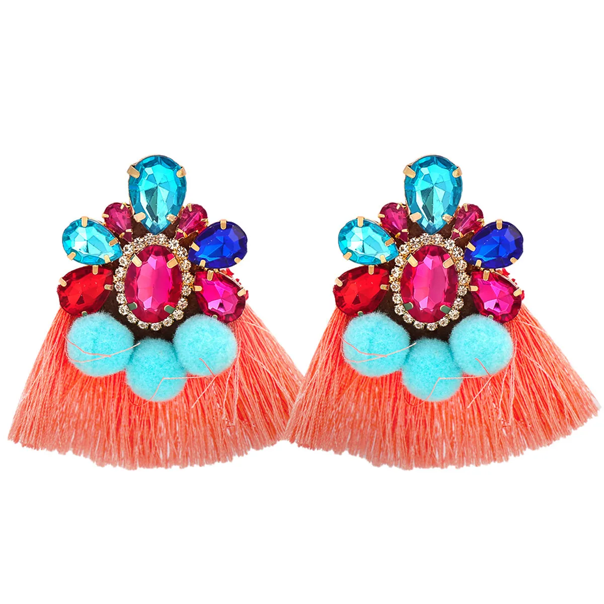 Coral & Aqua Crystal Pom-Pom Tassel Pear-Cut Drop Earringss