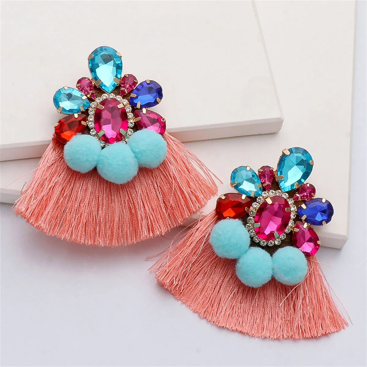 Coral & Aqua Crystal Pom-Pom Tassel Pear-Cut Drop Earringss