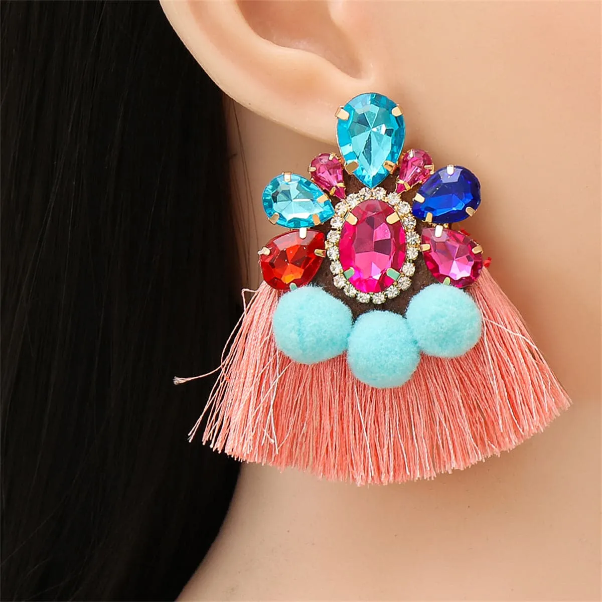 Coral & Aqua Crystal Pom-Pom Tassel Pear-Cut Drop Earringss
