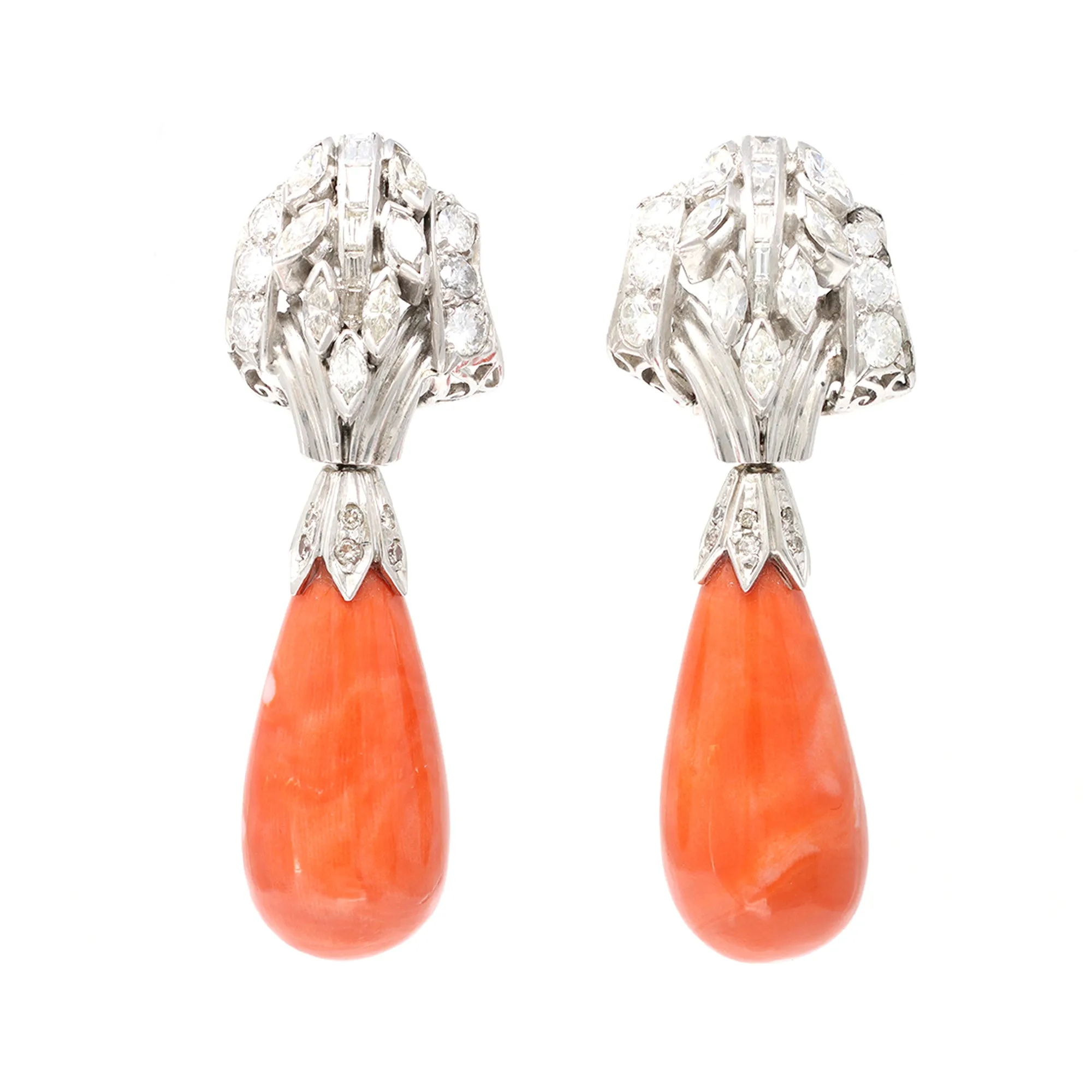 Coral Drop and Diamond Earrings Circa 1950 in Platinum