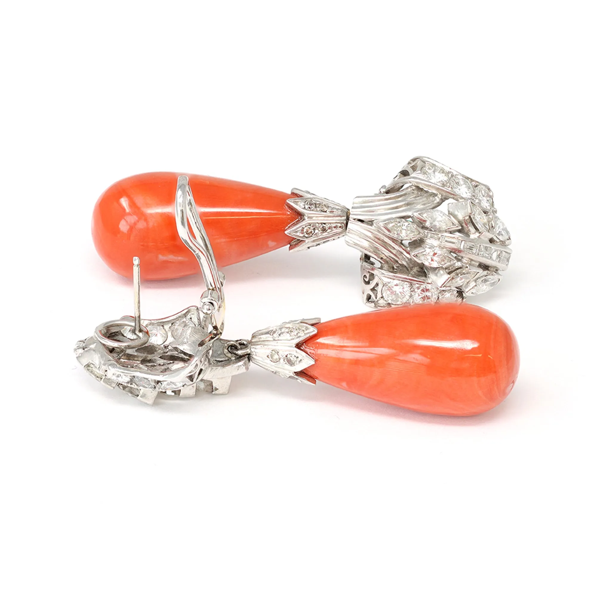 Coral Drop and Diamond Earrings Circa 1950 in Platinum