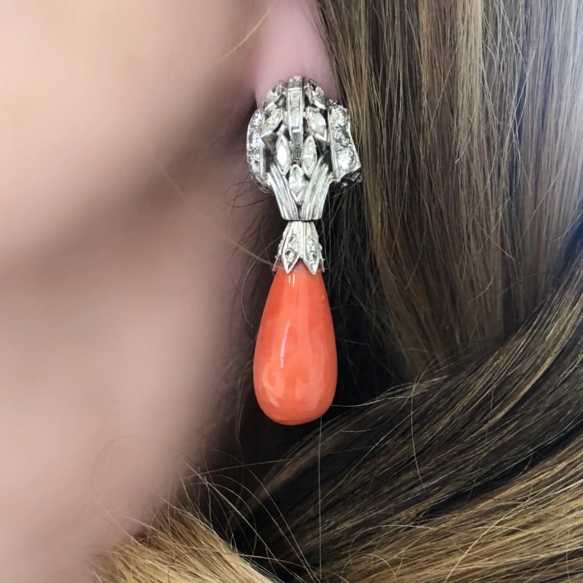 Coral Drop and Diamond Earrings Circa 1950 in Platinum