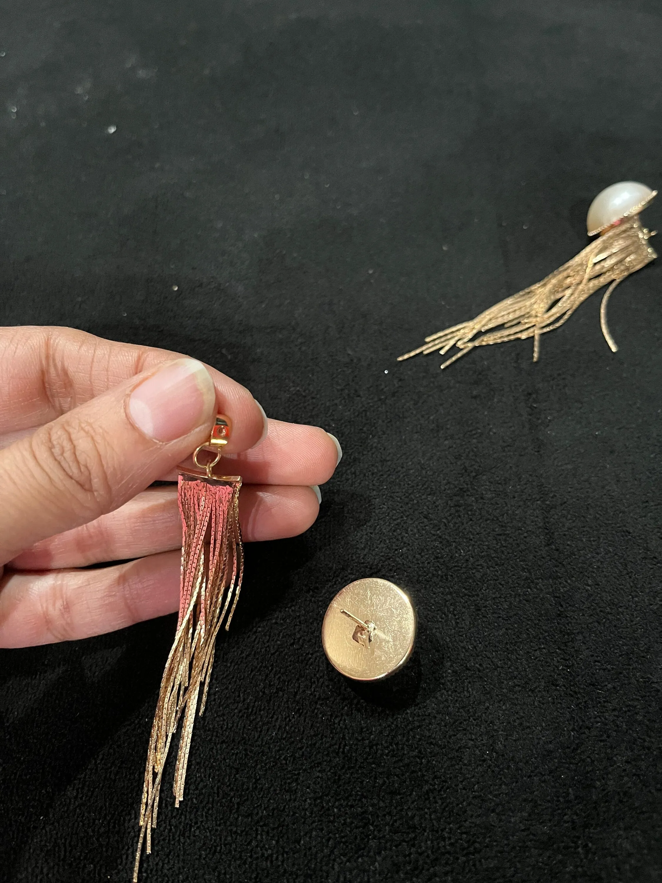 Cream gold earrings , long gold fringe  earrings , long cream earrings , gold  bride earrings , white pearl earring