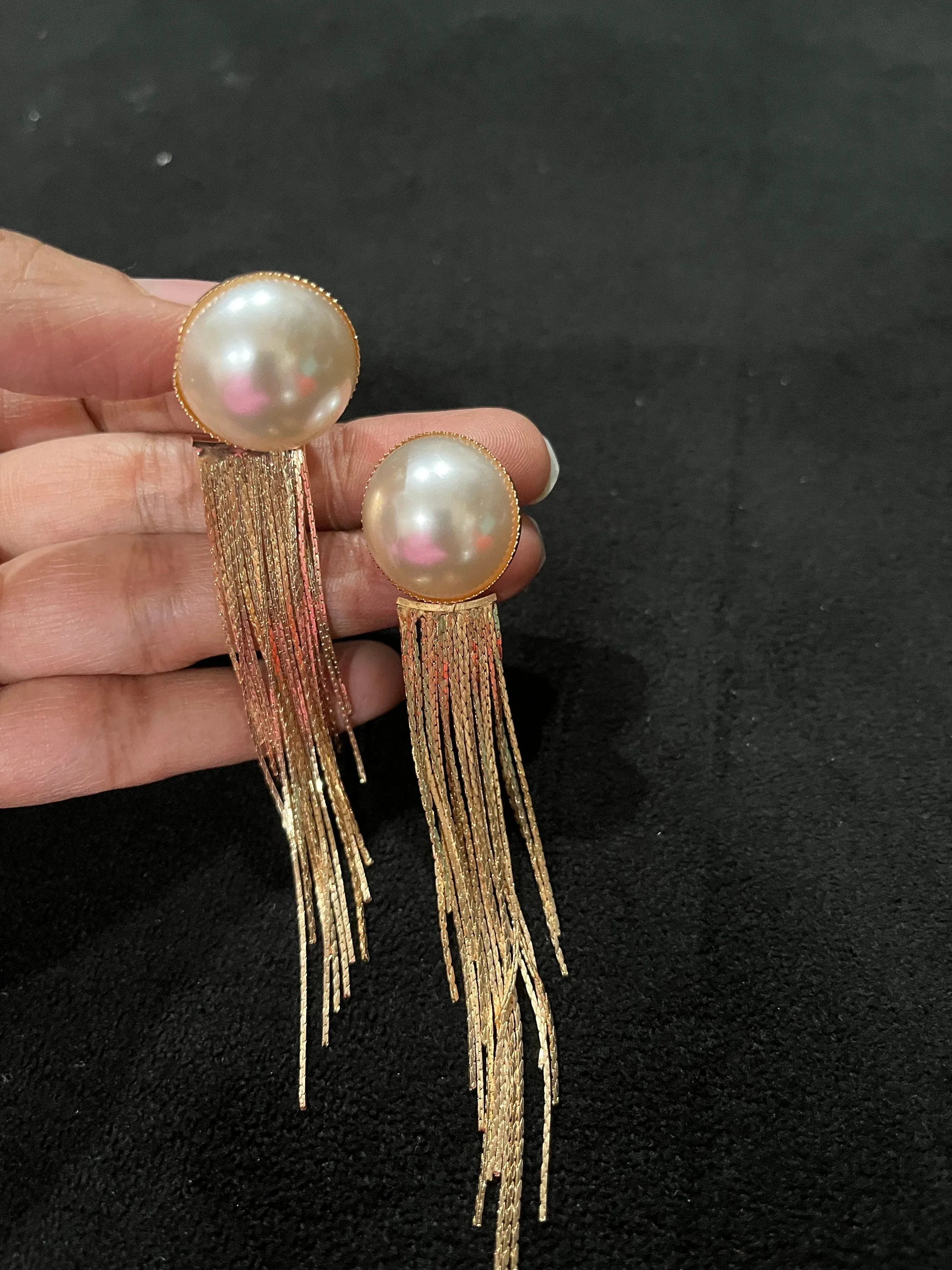 Cream gold earrings , long gold fringe  earrings , long cream earrings , gold  bride earrings , white pearl earring