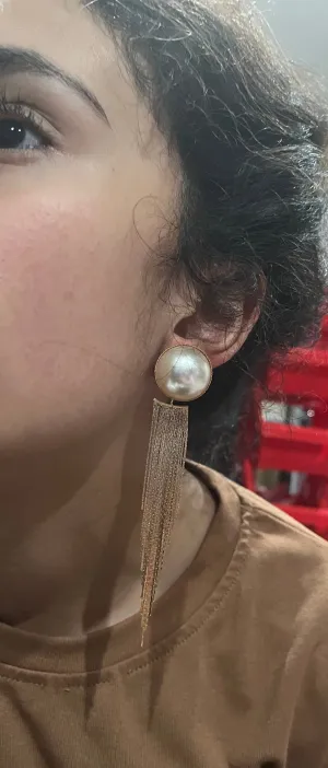 Cream gold earrings , long gold fringe  earrings , long cream earrings , gold  bride earrings , white pearl earring