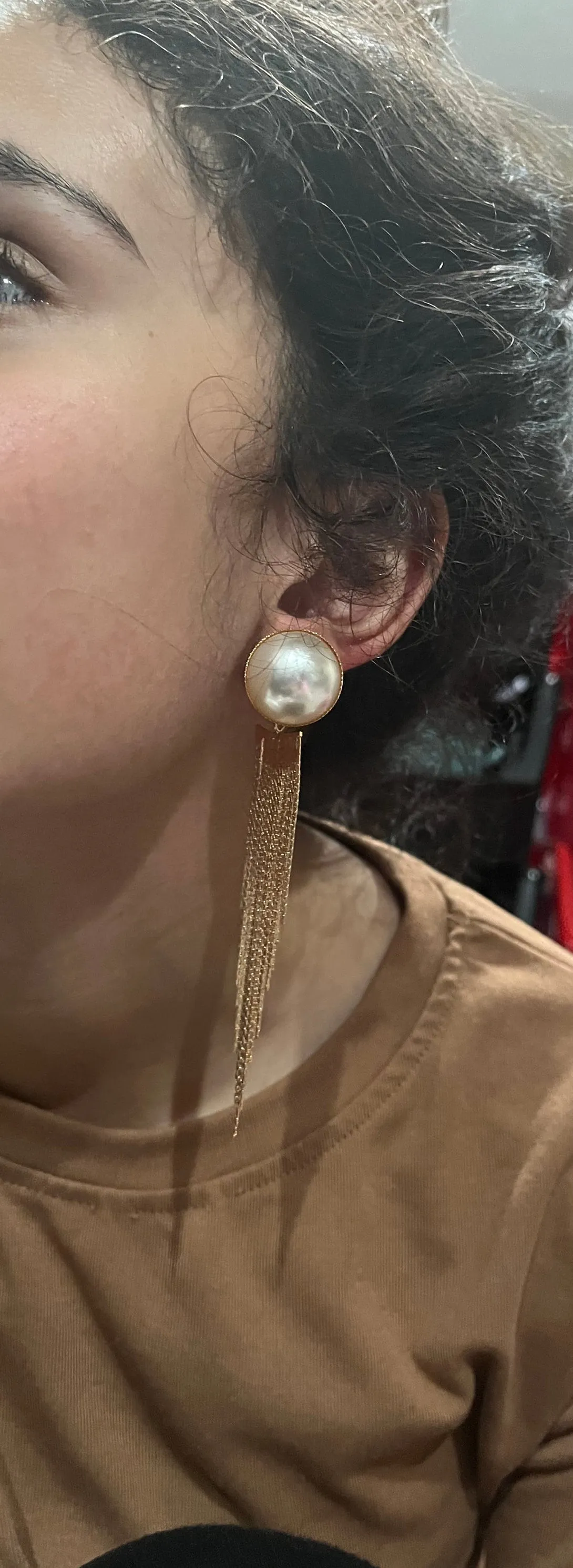 Cream gold earrings , long gold fringe  earrings , long cream earrings , gold  bride earrings , white pearl earring