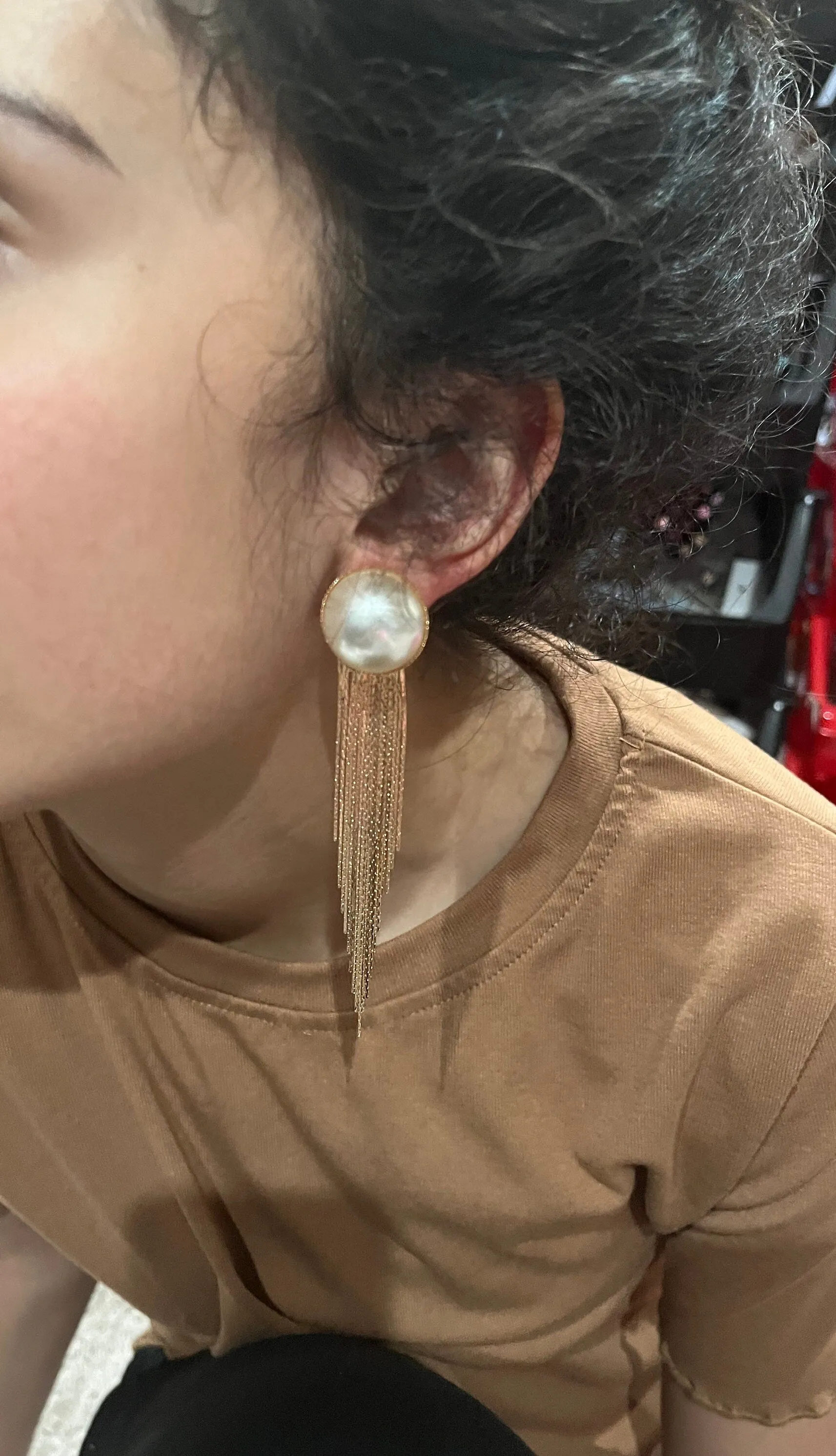 Cream gold earrings , long gold fringe  earrings , long cream earrings , gold  bride earrings , white pearl earring