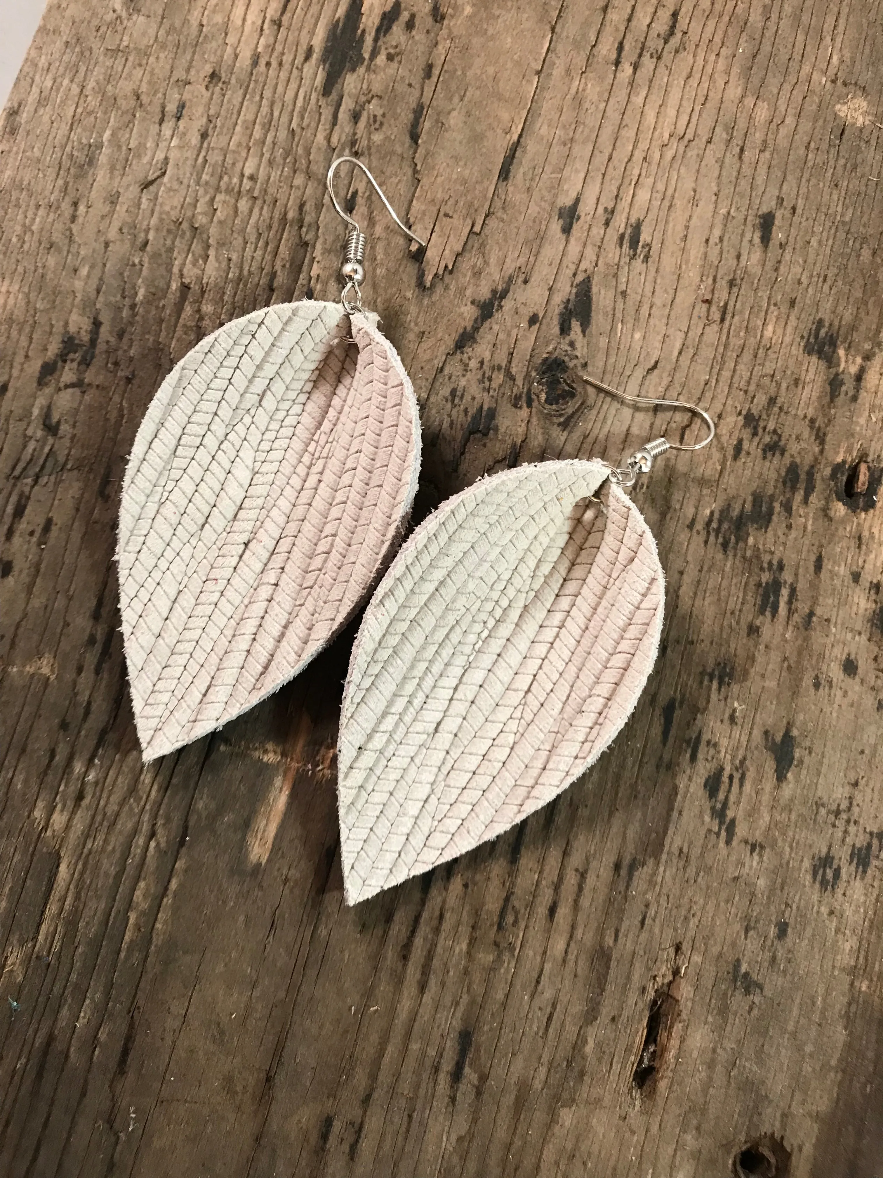 Cream palm leaf textured leather earring