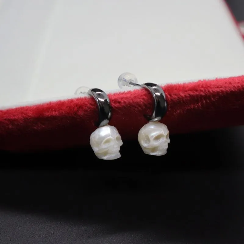 Crescent Pearl Skull Black Gold Plated Earrings