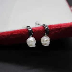 Crescent Pearl Skull Black Gold Plated Earrings