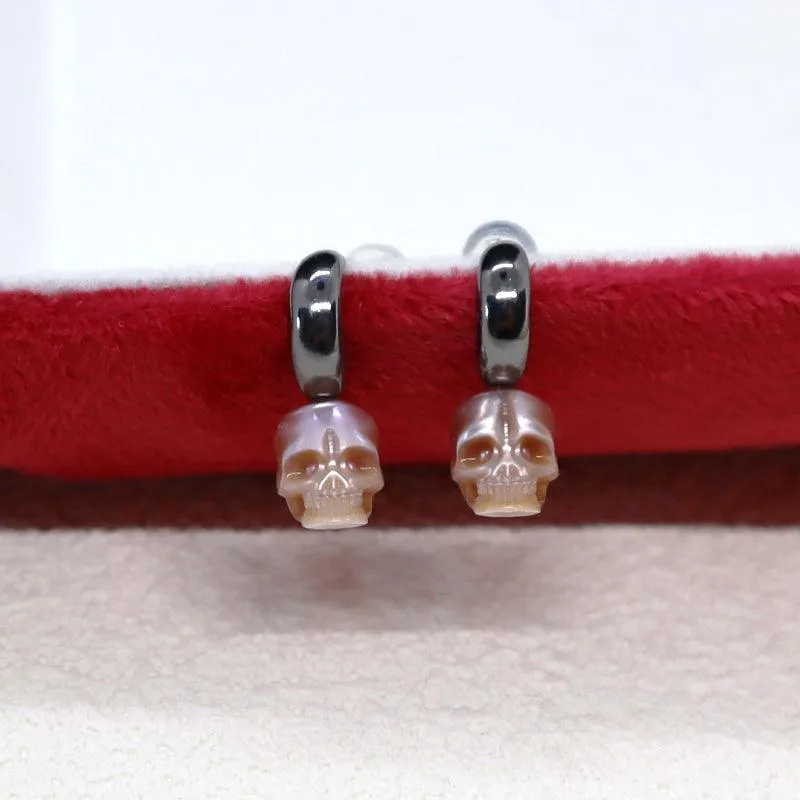 Crescent Pearl Skull Black Gold Plated Earrings