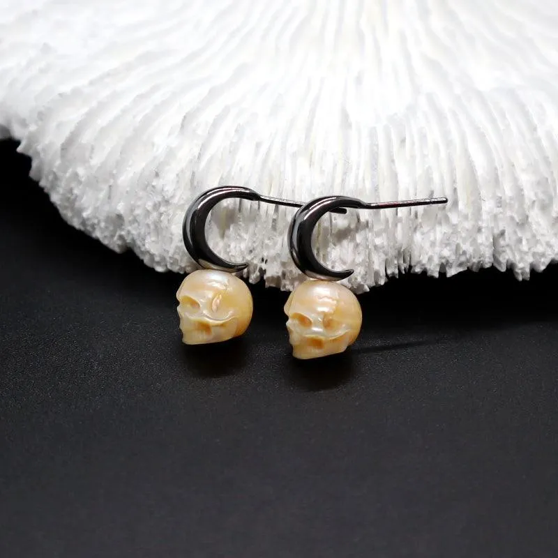Crescent Pearl Skull Black Gold Plated Earrings
