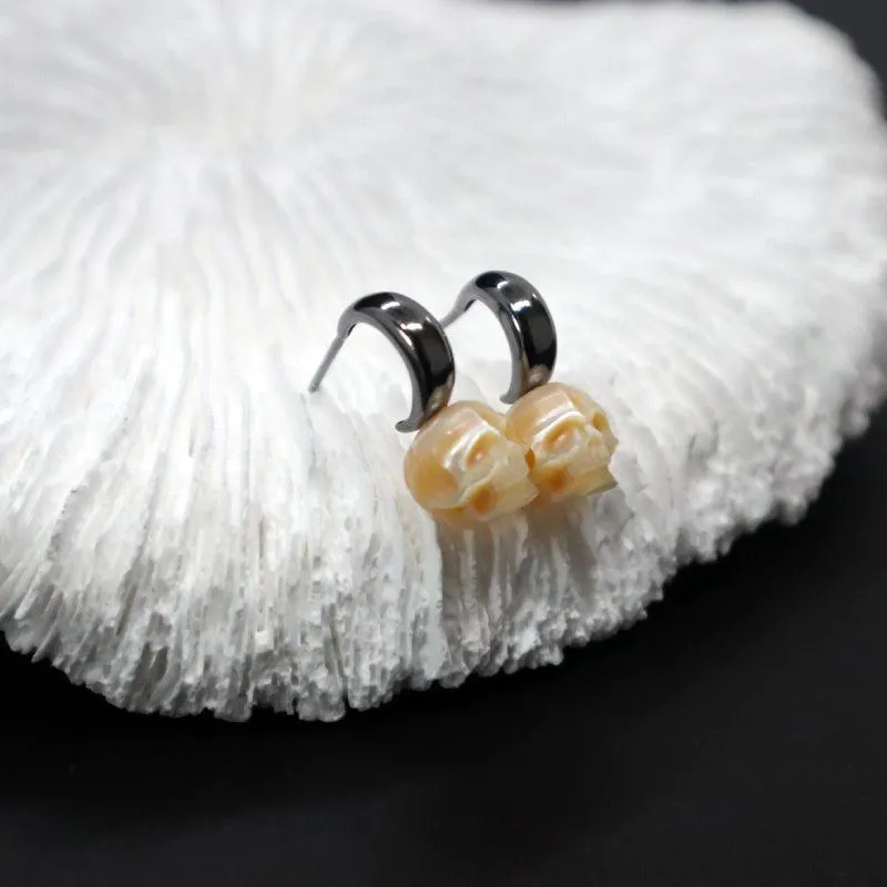 Crescent Pearl Skull Black Gold Plated Earrings