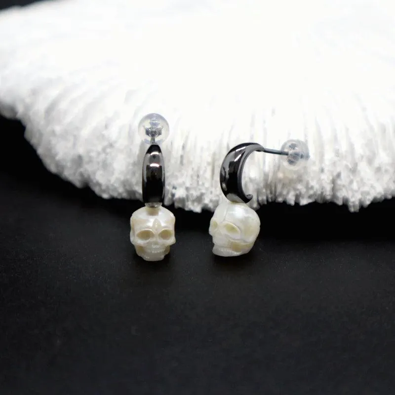 Crescent Pearl Skull Black Gold Plated Earrings